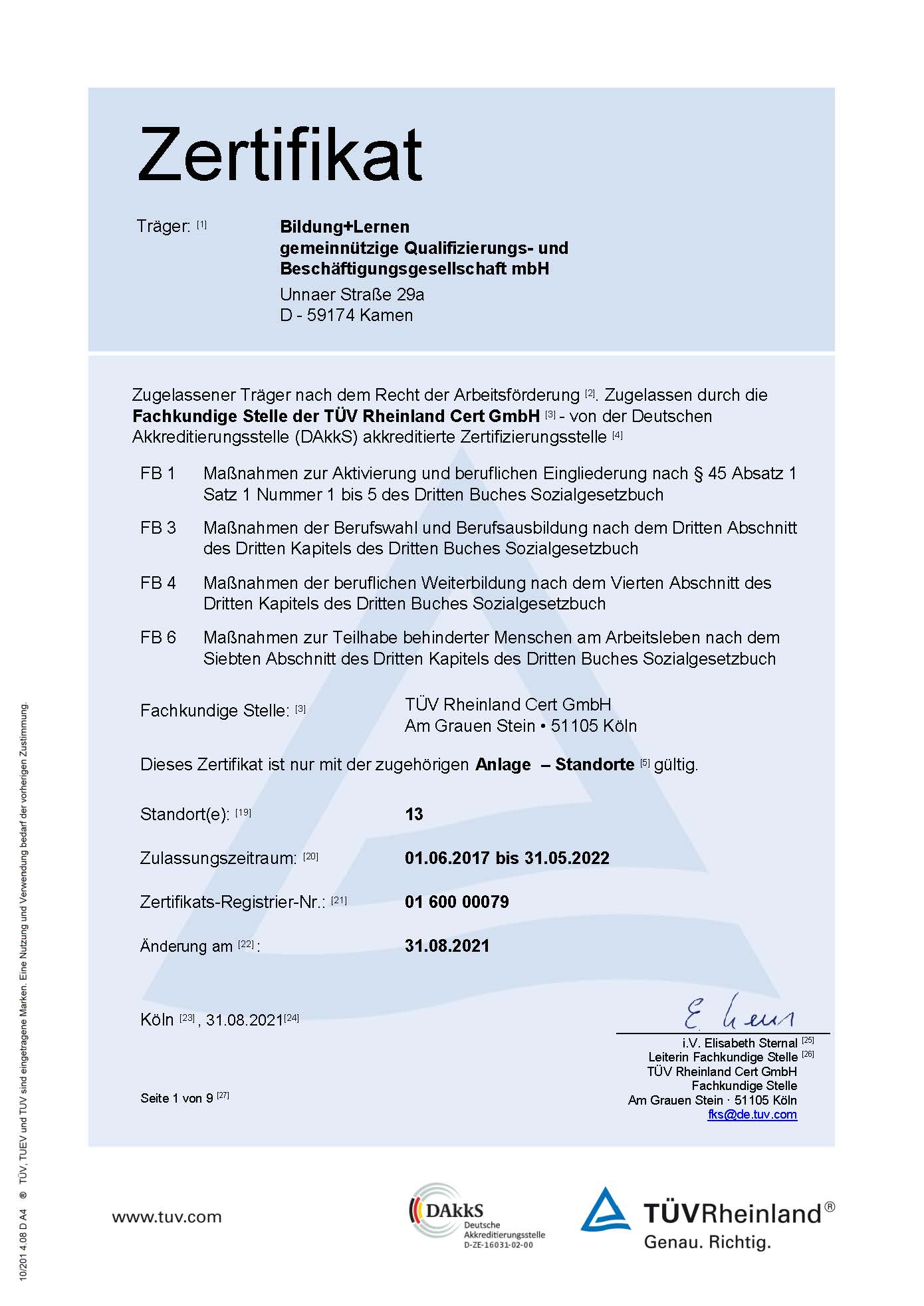 Zertifikat AZAV inkl. Anlagen 31.08.2021 Seite 1